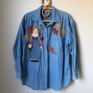 Vintage Denim Scarecrow Button Down Long Sleeve Top Women's Large